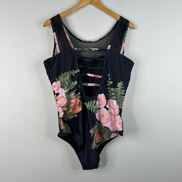 NWOT Black One Piece Floral Strappy Back Mesh Swimsuit - Picture 7 of 12